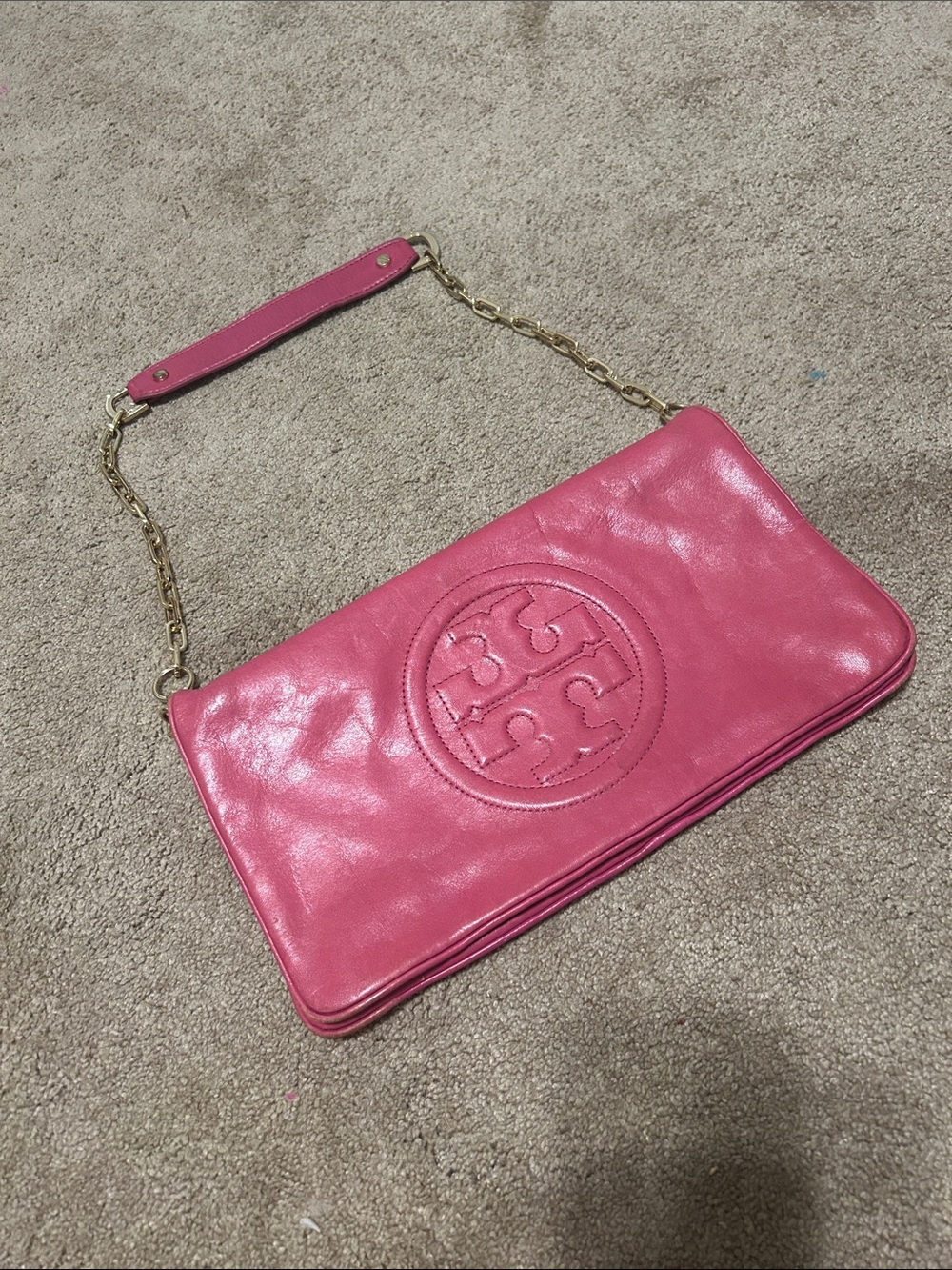 Tory Burch Magenta Leather Bombe Reva Clutch/Shoulder Bag